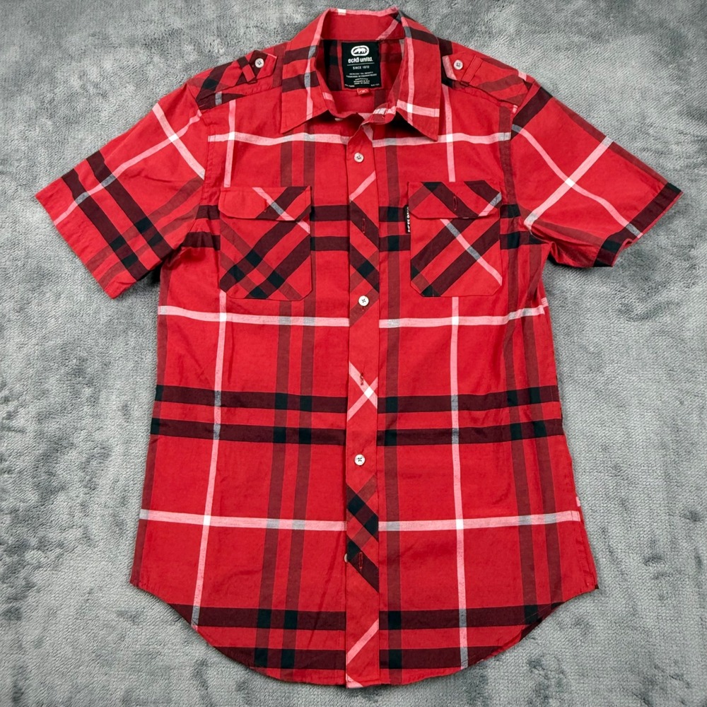 Ecko Unltd Mens Red Plaid Short Sleeve Button Down Shirt Epaulettes Size M
